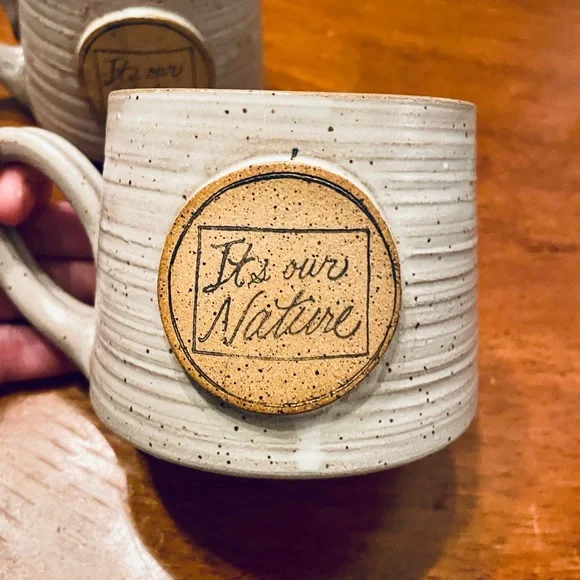 Set of 2 Stoneware Coffee Mug It's Our Nature Cream Speckled Ceramic Handmade - Picture 3 of 6